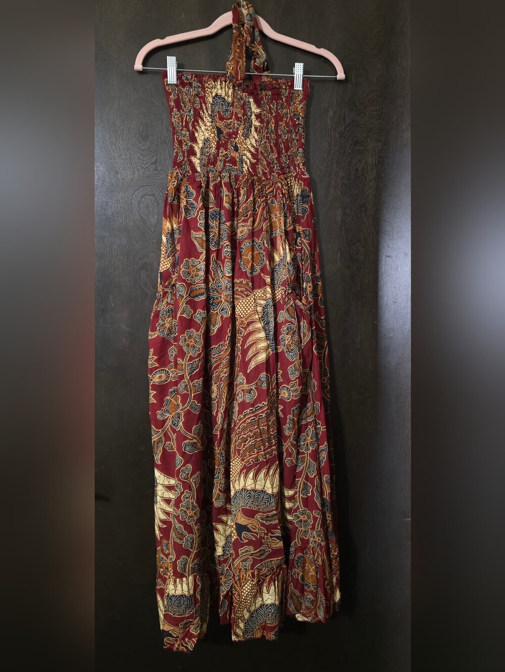 💢4For$20 Urban Nomad Smocked Halter Maxi Dress Burgundy Boho Pockets Size L/XL